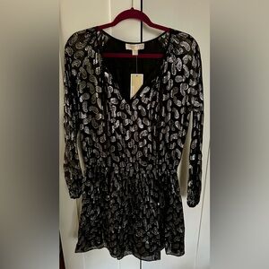 NWT Michael Kors Metallic Paisley Jacquard Black/Silver Party Dress Size Medium
